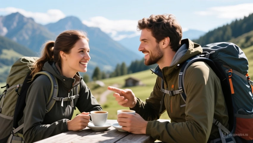 Een koppel dat hun wandelroute bespreekt bij de koffie.