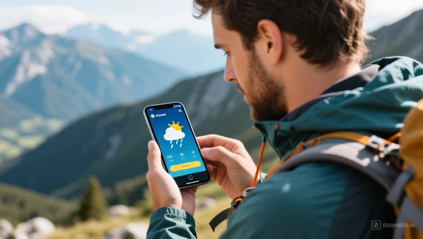 Een wandelaar die een weer-app op zijn smartphone raadpleegt.