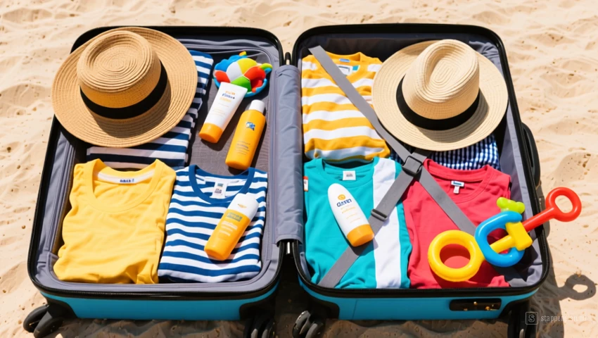 Koffer gevuld met zomerkleding, zonnebrandcrème, hoeden en strandspeelgoed.