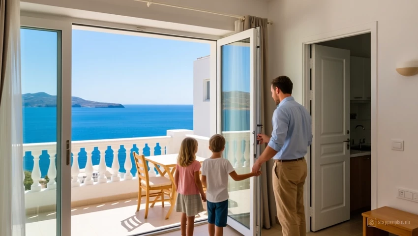 Familie checkt in in een ruim appartement met zeezicht in Griekenland.