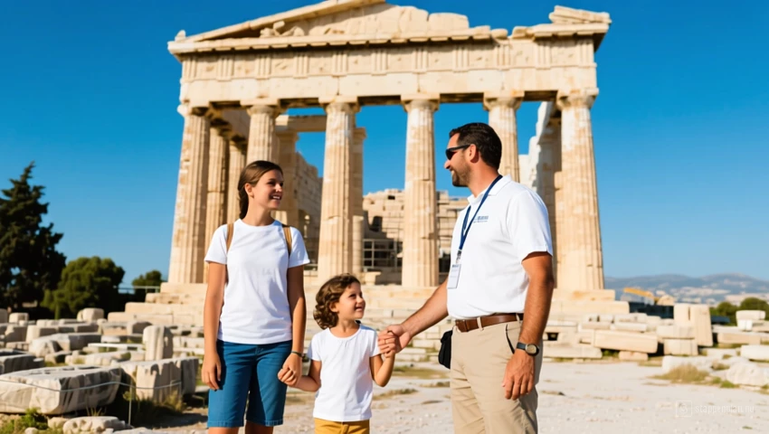 Familie verkent oude ruïnes in Griekenland met een gids.