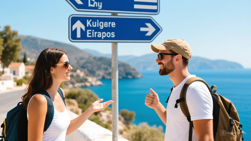 Toerist vraagt een local om de weg in het Grieks.