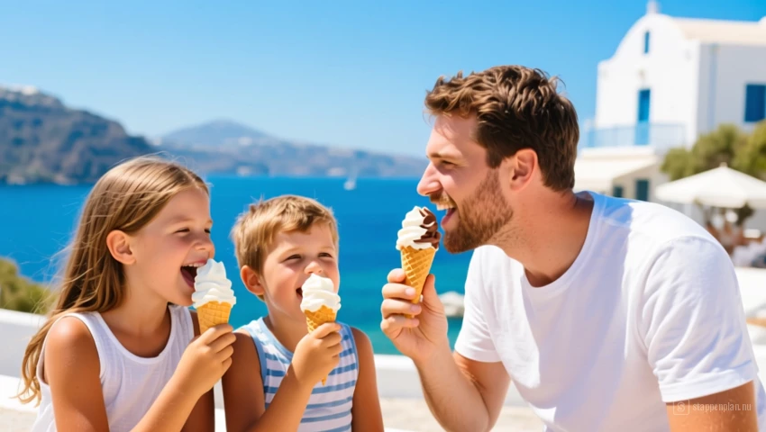 Familie deelt ijs op een warme zomerdag in Griekenland.