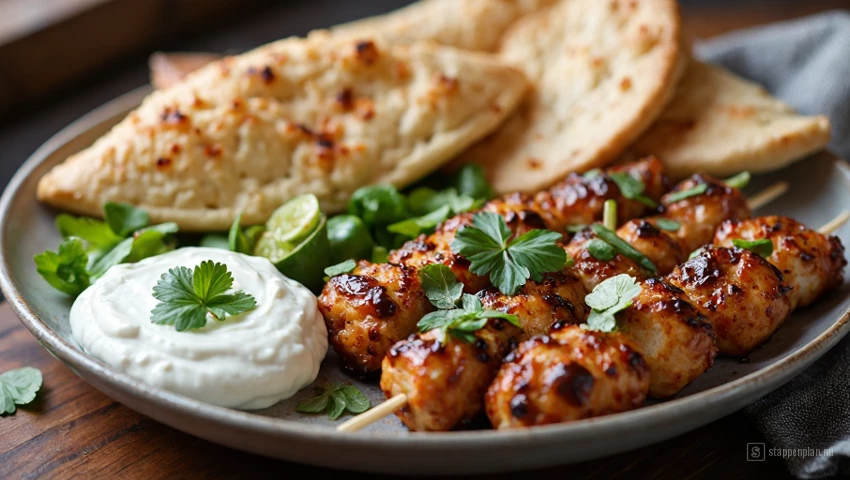 Close-up van een bord souvlaki met tzatziki en pitabrood.