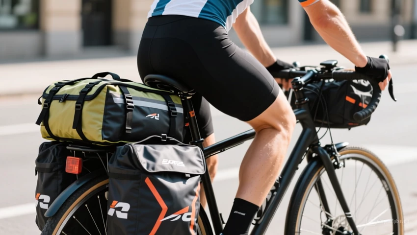 Een fietser die zijn fietstassen op zijn fiets pakt.