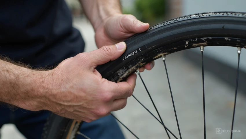 Een persoon die een fietsband controleert op slijtage.
