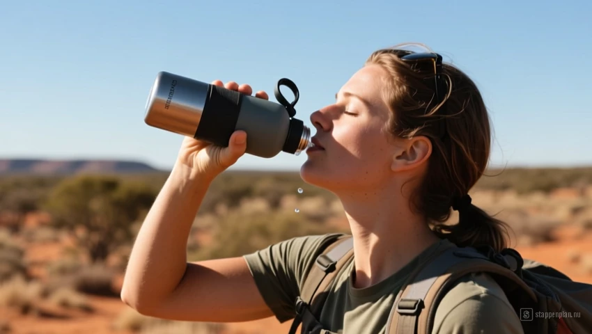 Een persoon die water drinkt uit een herbruikbare waterfles tijdens het wandelen in de Australische Outback.