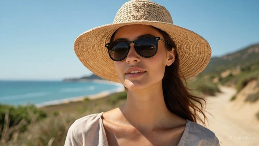 Een persoon die een breedgerande hoed en zonnebril draagt, ter bescherming tegen de zon.