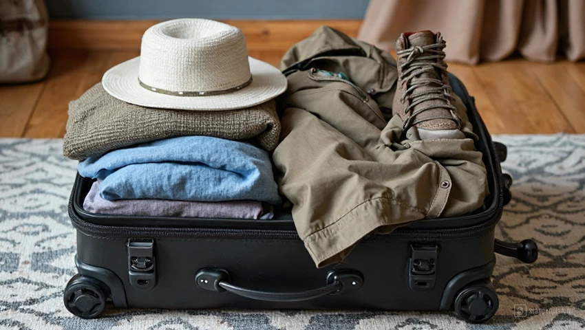 Een netjes ingepakte koffer met een mix van lichtgewicht zomerkleding, wandelschoenen en een waterdicht jack.