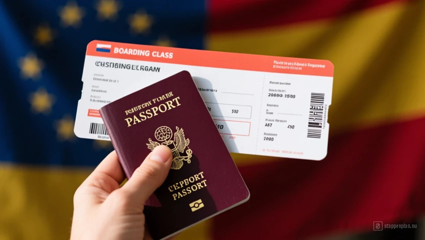 Hand houdt een boarding pass en paspoort vast.