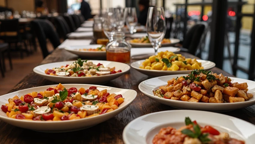 Tafel gevuld met verschillende tapasgerechten in een restaurant in Barcelona.