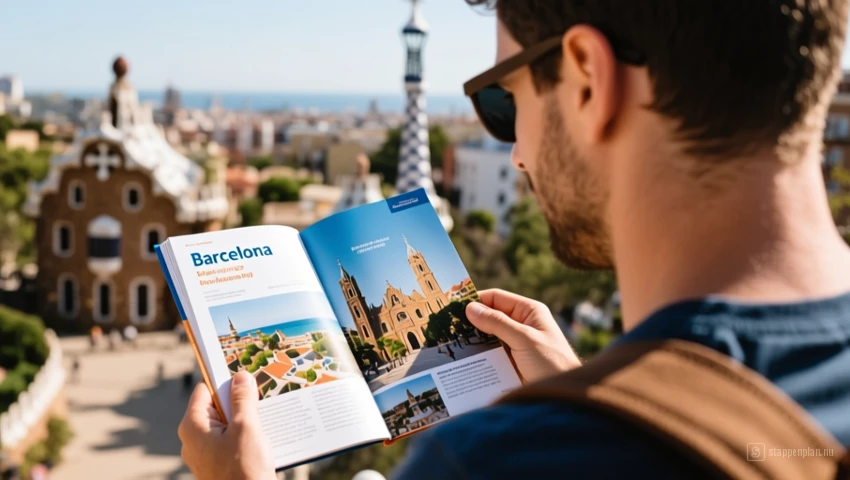 Persoon kijkt naar een reisgids van Barcelona, zijn dag plannend.