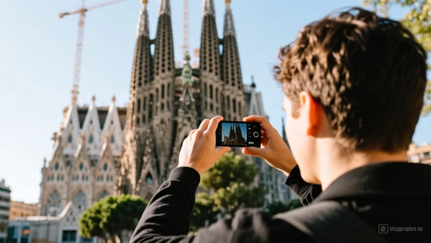 Persoon maakt een foto van de Sagrada Familia.
