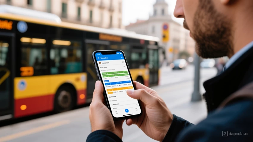 Persoon gebruikt een mobiele app om de busdienstregeling in Barcelona te controleren.