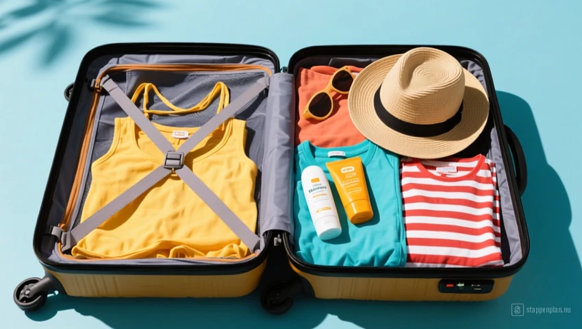 Open koffer met zomerkleding, zonnebrandcrème en een hoed.