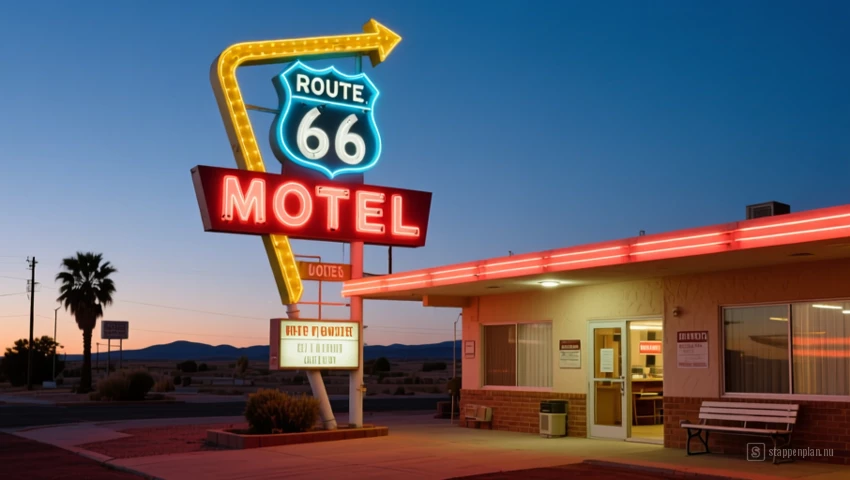 Een realistische foto van een vintage Route 66 motel met een neonreclame.