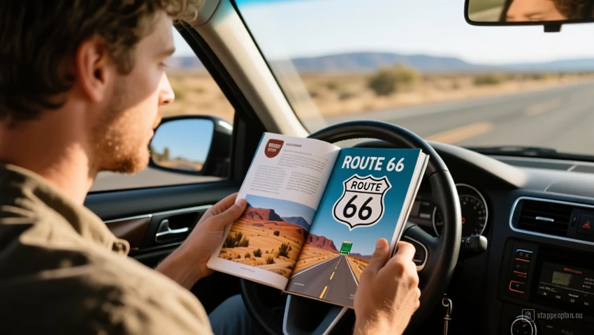 Een persoon die een Route 66 reisgids bestudeert tijdens het plannen van een road trip.