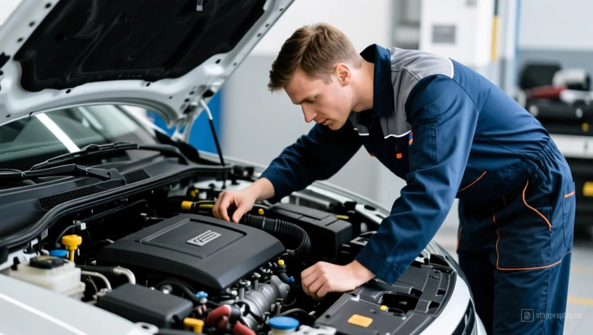 Een monteur die de motor van een auto inspecteert.