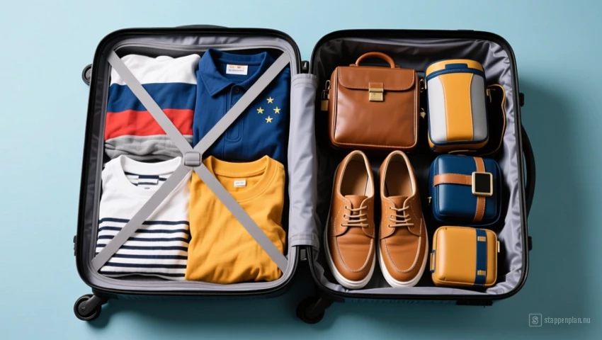 Een koffer open met kleding, schoenen en reisaccessoires.