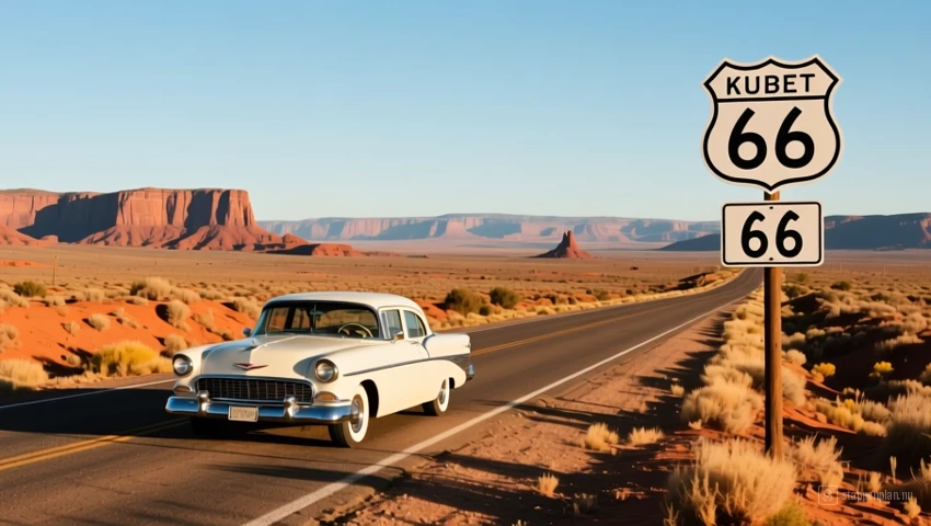 Een panoramisch uitzicht op een Route 66 landschap met een vintage auto.