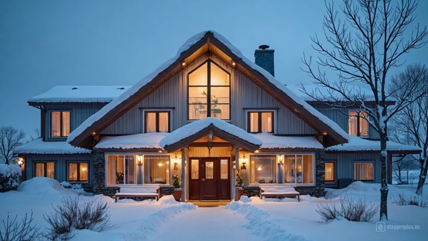 Moderne IJslandse hotel buitenkant bedekt met sneeuw, met warme lichten die de ingang verlichten.