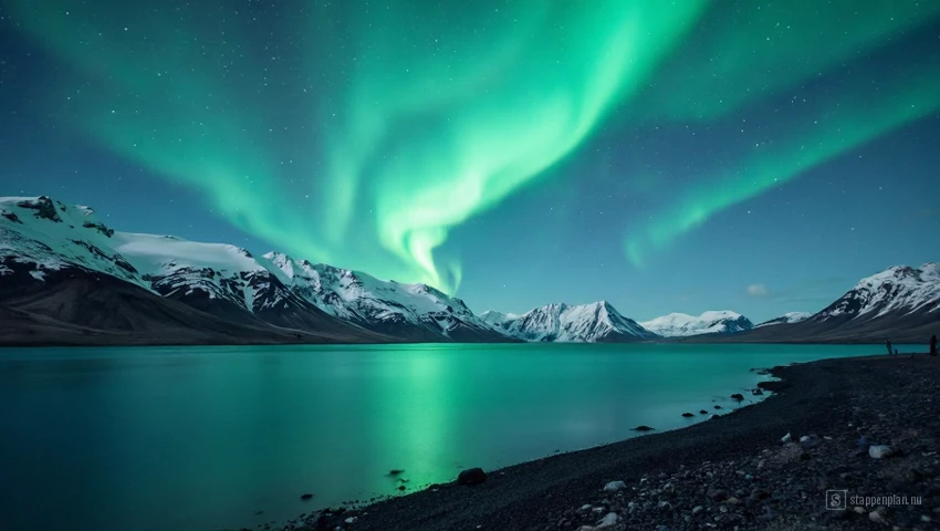 Het noorderlicht danst boven een gletsjerlagune in IJsland.