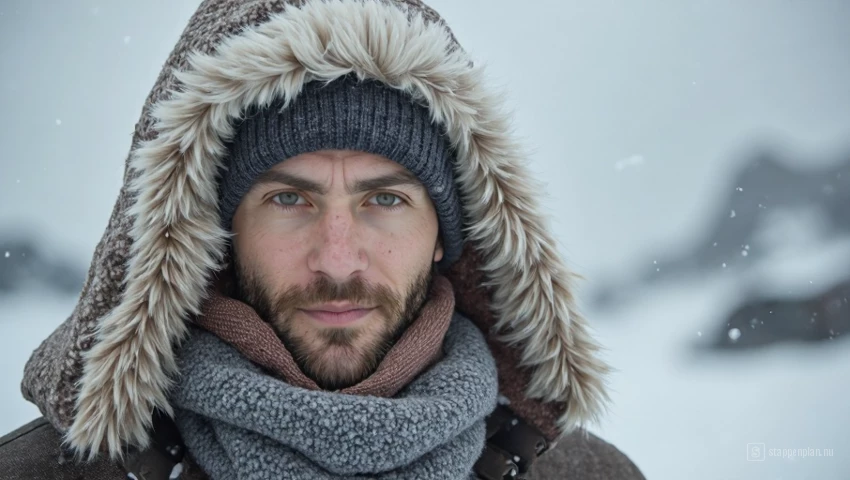 Een persoon die warme winterkleding draagt in IJsland, met sneeuw die om hen heen valt.