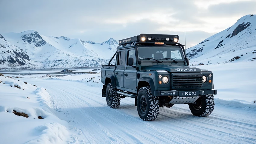 Krachtige 4x4 voertuig rijdt door een besneeuwd IJslands landschap, met bergen op de achtergrond.