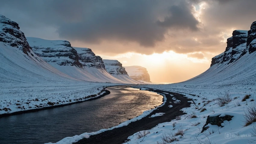 Een dramatisch IJslands landschap met veranderende weersomstandigheden, waaronder sneeuw, regen en zonneschijn.