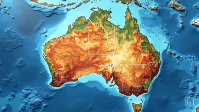 Een gedetailleerde kaart van Australië met de verschillende klimaatzones en temperatuur- en neerslaggegevens.