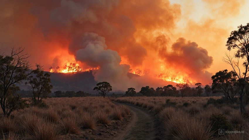 Een landschap dat is getroffen door een bosbrand, met rook en vlammen.