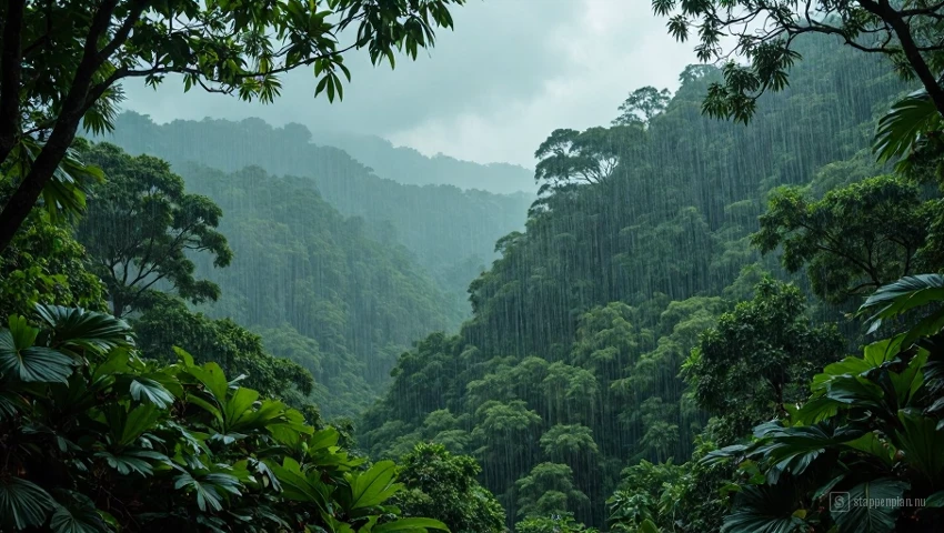 Een tropisch regenwoud in Noord-Australië tijdens het natte seizoen, met zware regenval.