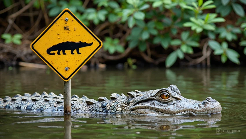 Een waarschuwingsbord over krokodillen in een rivier.