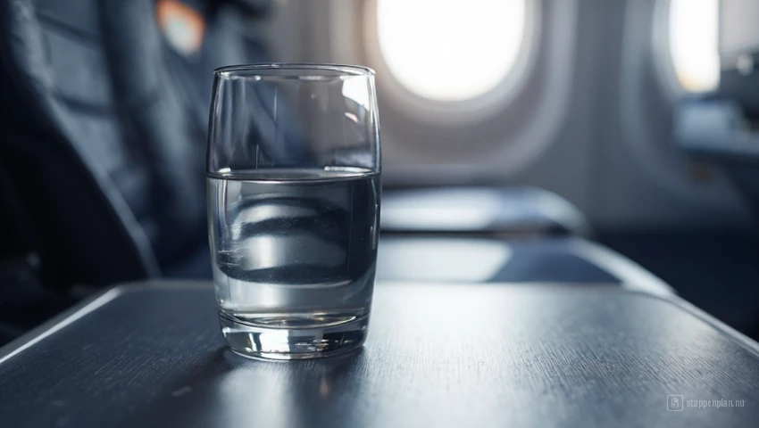 Glas water op een vliegtuig-tafel.