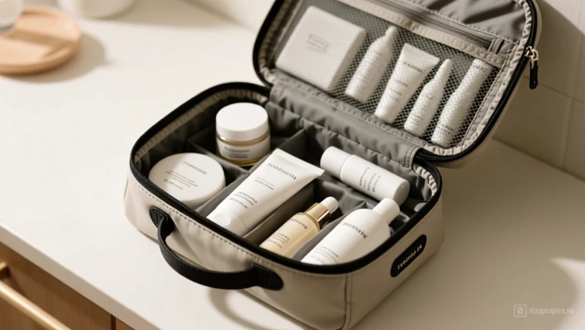 Kleine reistas met essentiële huidverzorgingsproducten.