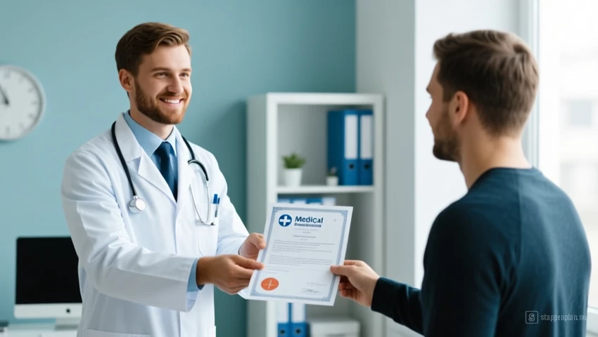 Een arts die een medisch certificaat aan een patiënt overhandigt.