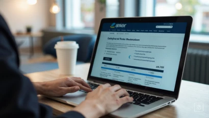 Persoon die online de regels van een luchtvaartmaatschappij over medicijnen controleert.