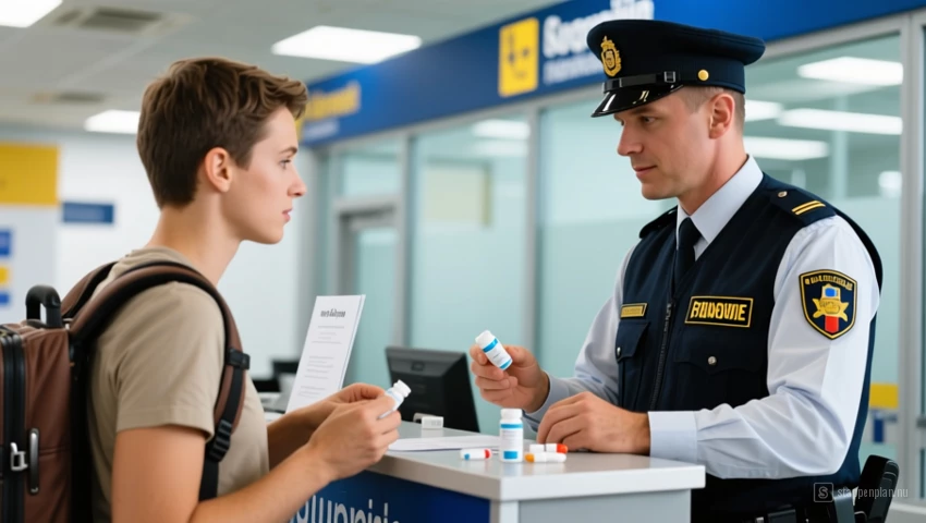 Een reiziger die vragen van een beveiligingsbeambte over zijn medicatie beantwoordt.
