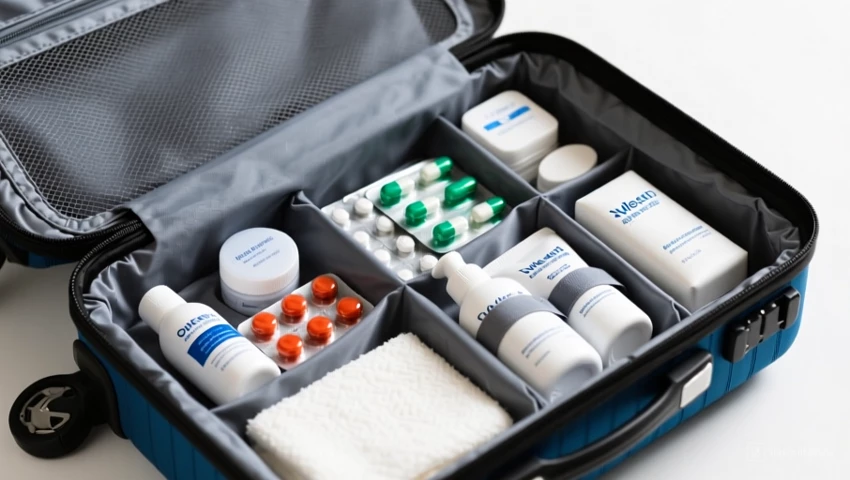 Binnenkant van een open handtas met netjes gerangschikte medicatie en toiletartikelen.