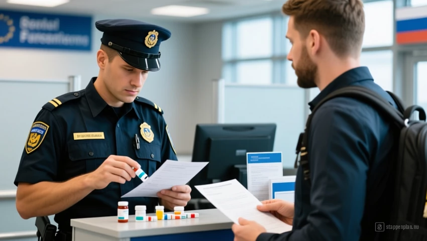 Beveiligingsbeambte die de medicatie en documentatie die door een reiziger wordt overhandigd, zorgvuldig controleert.