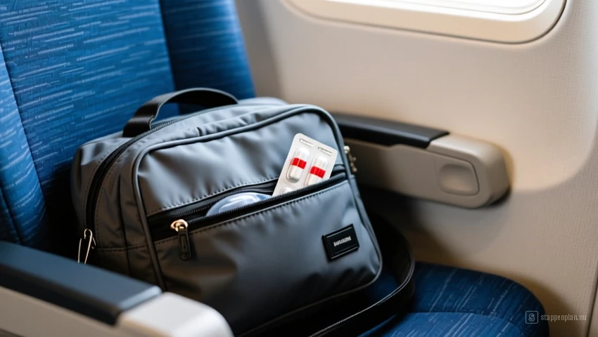 Een persoonlijke tas met een medicatiepouch zichtbaar naast de passagier.