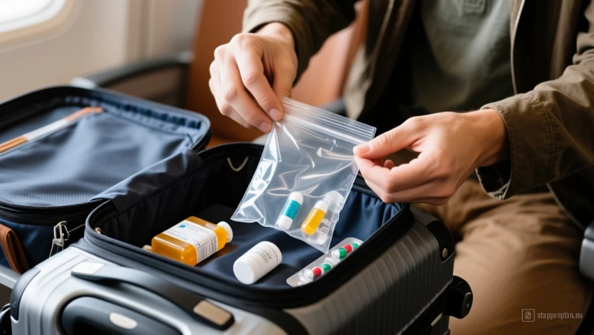 Reiziger die een doorzichtige plastic zak met vloeibare medicatie in zijn handtas plaatst.