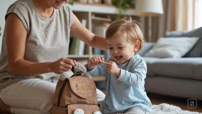 Kind en ouder samen een kleine rugzak inpakken met speelgoed.