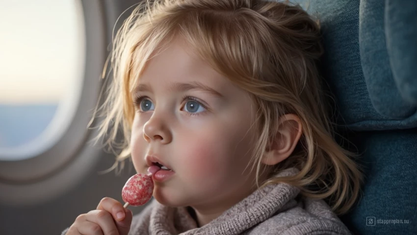 Een kind dat aan een lolly zuigt tijdens de opstijging, en er kalm uitziet.