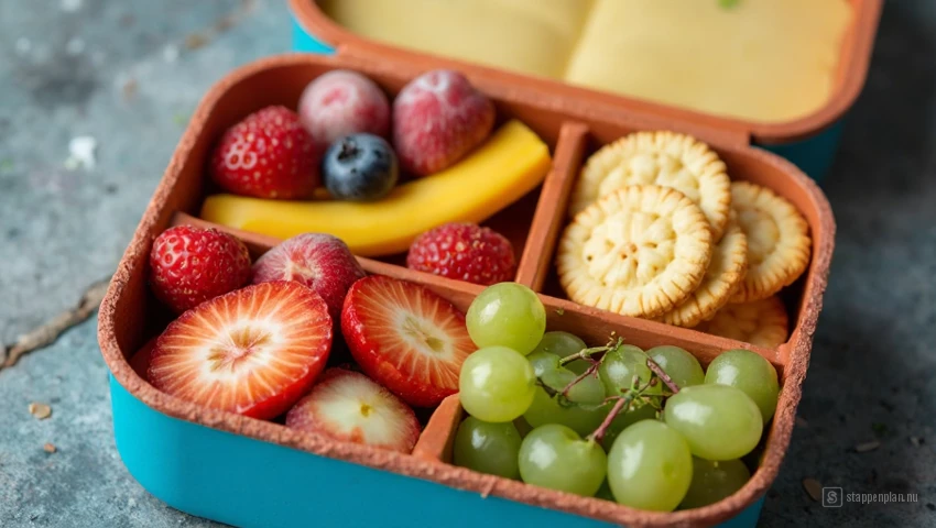 Een kleurrijke lunchbox gevuld met gezonde snacks, zoals fruit, crackers en kaas.