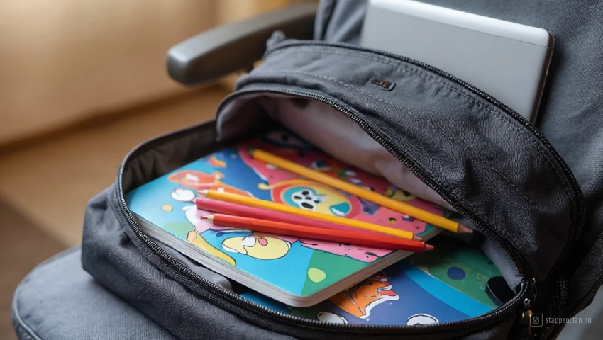 Een open reistas met een verscheidenheid aan kinderactiviteiten, zoals boeken, kleurspullen en een tablet.