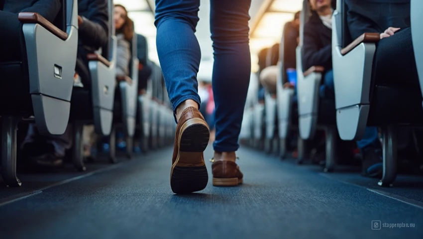 Voeten die door het gangpad van een vliegtuig lopen.