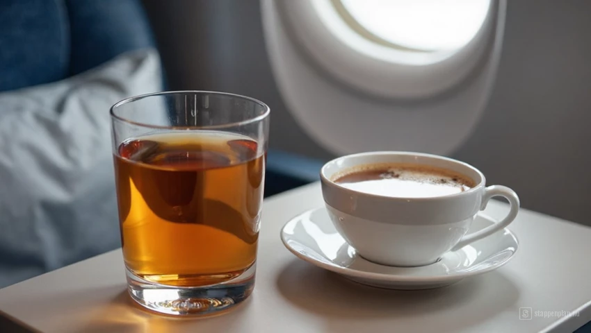 Glas water en kop kruidenthee op een vliegtuig-tafel.