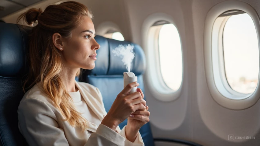 Vrouw die een persoonlijke luchtbevochtiger gebruikt op een lange vlucht.