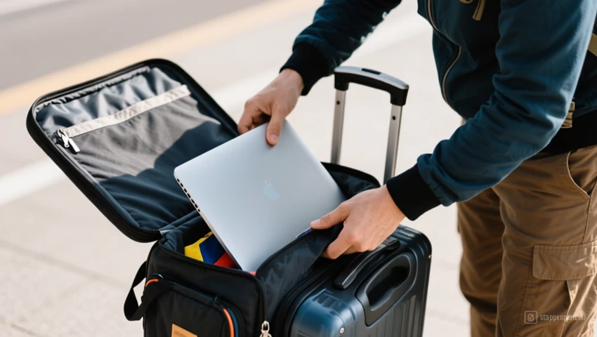 Een reiziger legt een laptop in een handbagage tas.